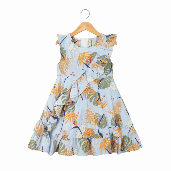 Tropical Leaf Ruffle Dress - Blue
