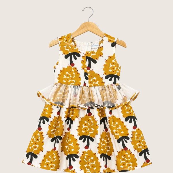 Printed Sleeveless Peplum Dress - Mustard