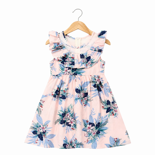 Floral Print Sleeveless Dress with Ruffle Collar - Pink