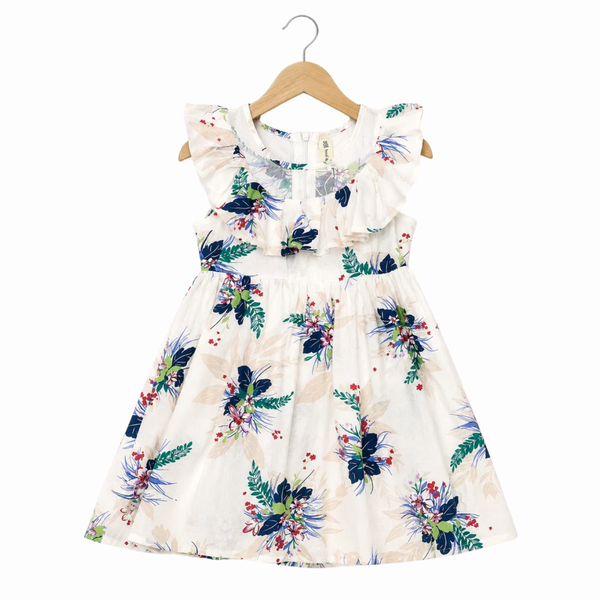 Floral Print Sleeveless Dress with Ruffle Collar - White