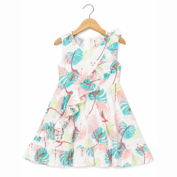 Tropical Leaf Ruffle Dress - Pink