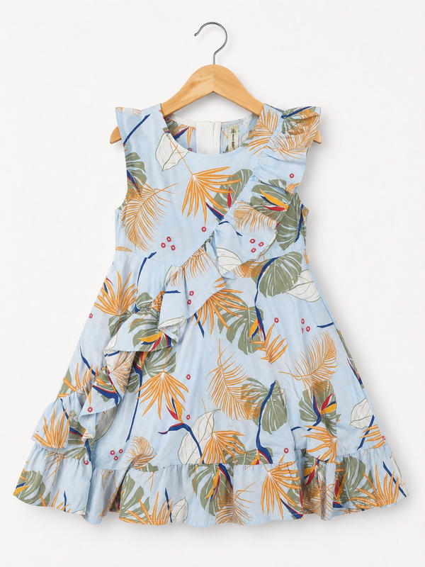 Tropical Leaf Ruffle Dress - Blue