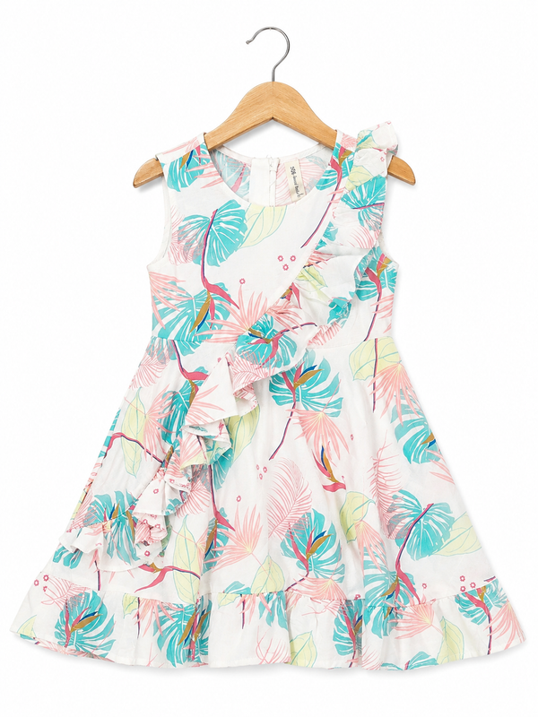 Tropical Leaf Ruffle Dress - Pink