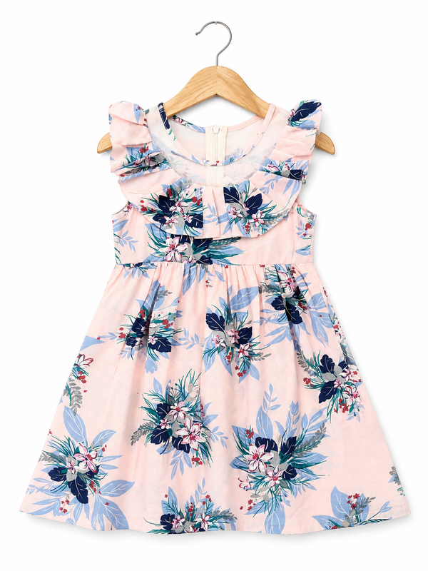 Pink Floral Print Sleeveless Dress with Ruffle Collar - Pink