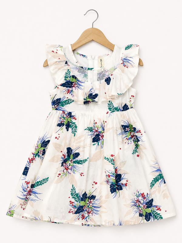 Pink Floral Print Sleeveless Dress with Ruffle Collar - White