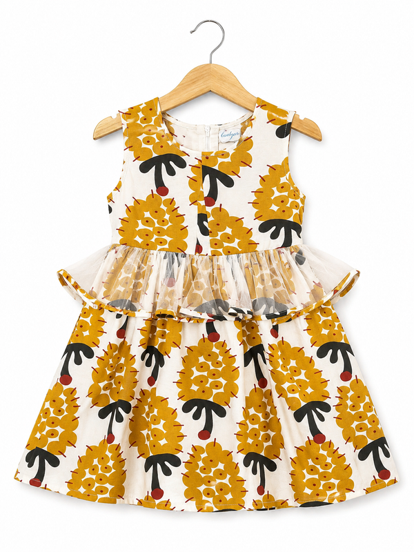 Mustard Printed Sleeveless Peplum Dress - Mustard