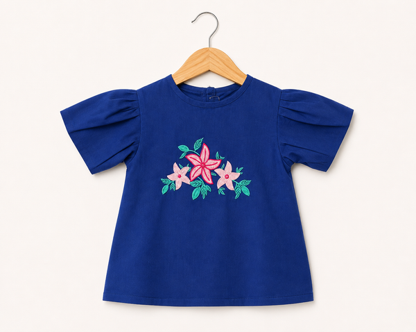 Girls Sage Floral Embroidered Top - Blue