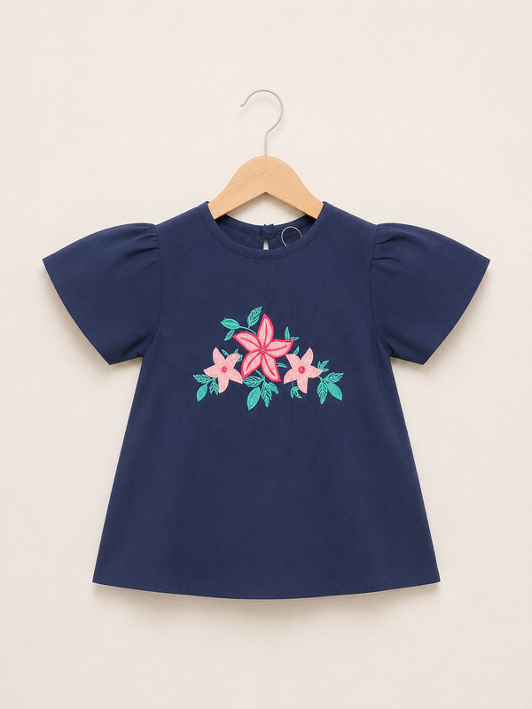 Girls Sage Floral Embroidered Top - Dark blue