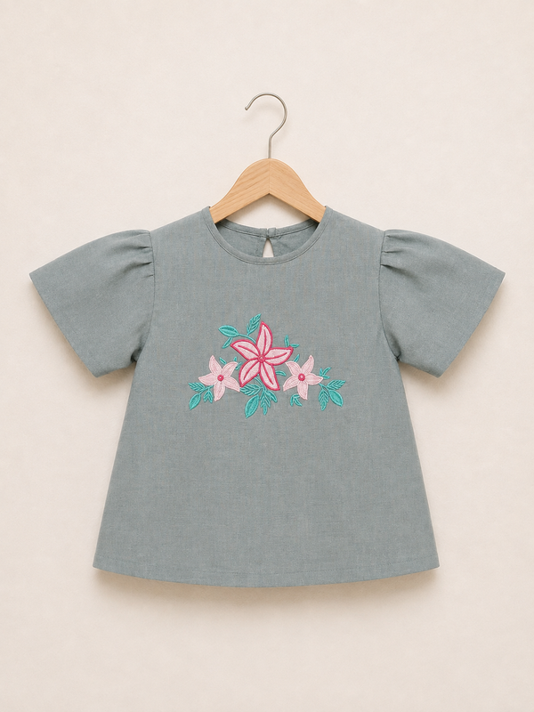 Girls Sage Floral Embroidered Top - Grey