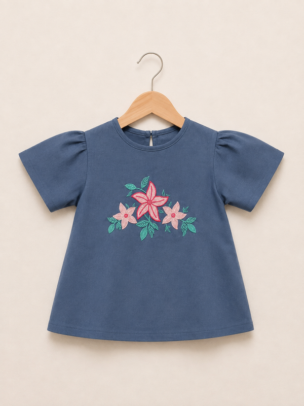 Girls Sage Floral Embroidered Top - Light-Blue