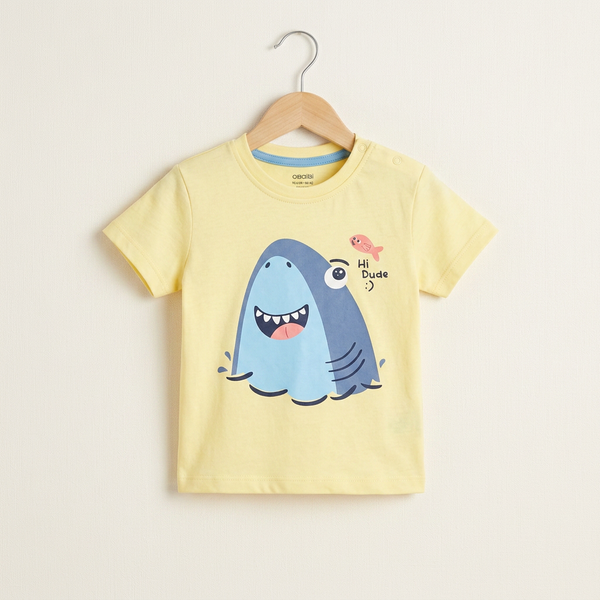 Children's Friendly Shark Print Cotton Tee – Light Blue - yellow