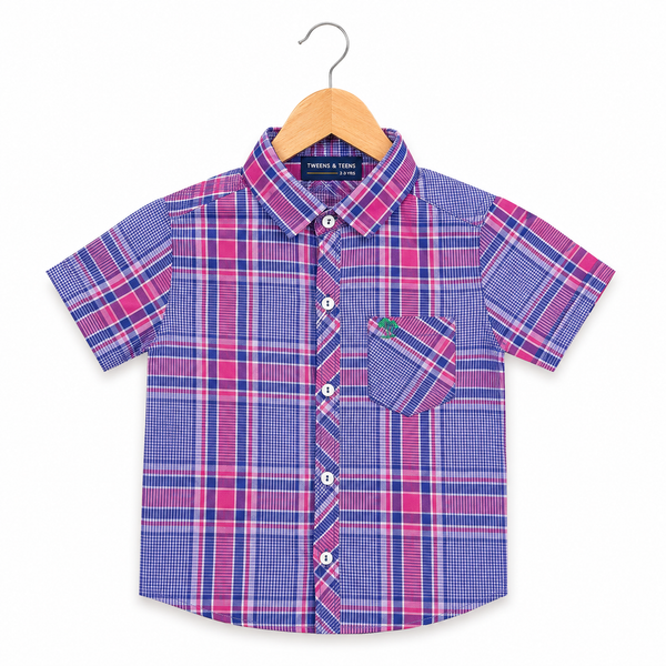 Checked Cotton-Blend Short-Sleeve Casual Shirt - Purple