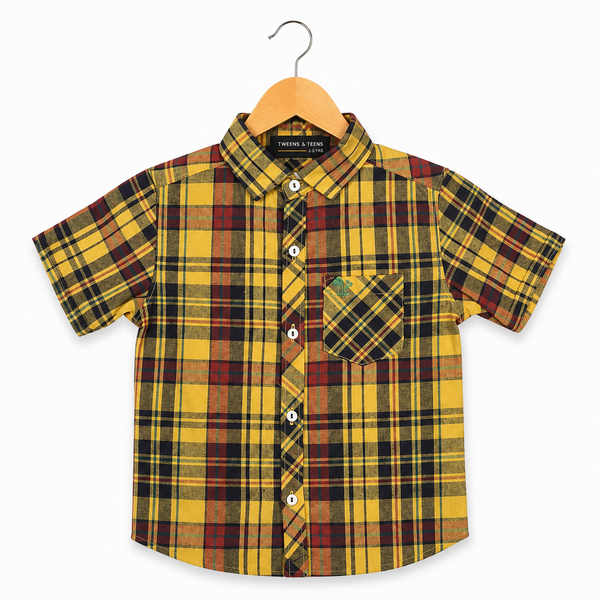 Checked Cotton-Blend Short-Sleeve Casual Shirt - yellow