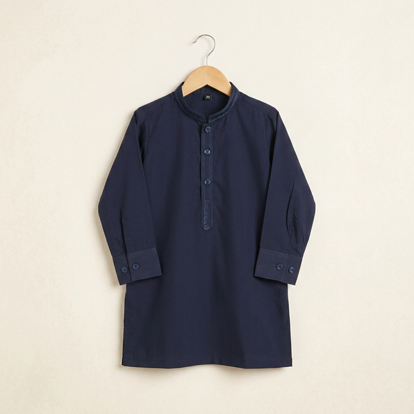 Boys Navy Embroidered Wash & Wear Shalwar Kameez - Dark blue