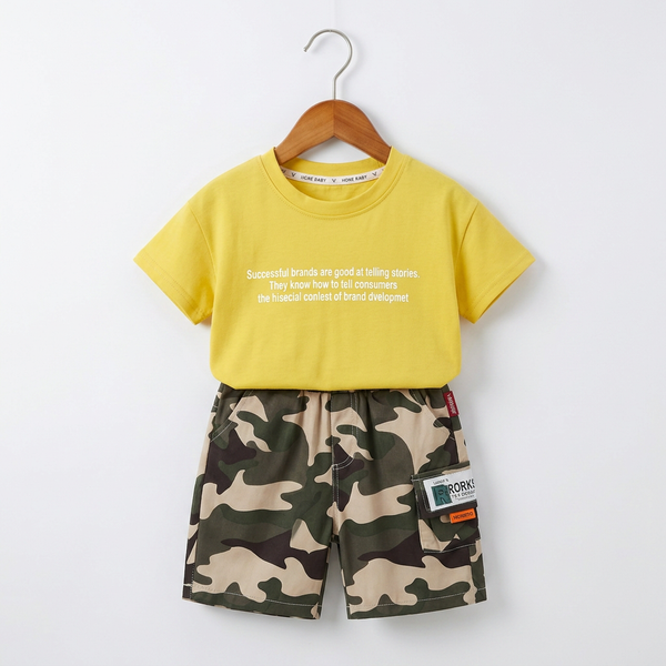 Boys Yellow Graphic Tee and Camouflage Short Set - yellow
