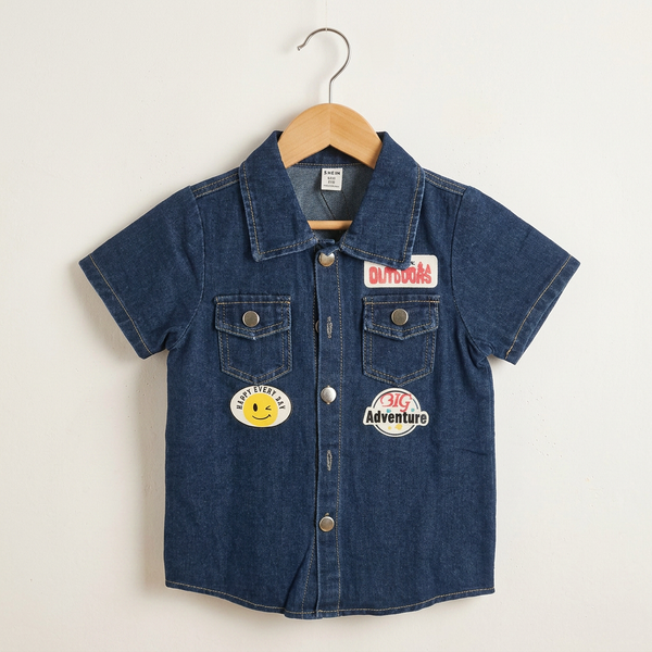 Kid's Trendy Short-Sleeve Denim Shirt and Shorts Set - Dark blue