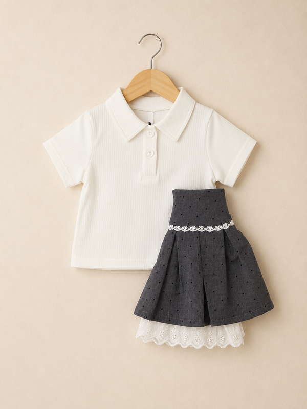 Girls Chic White Polo Top & Grey Skirt Outfit - Grey