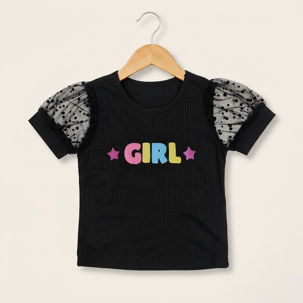 Girls Black Graphic Tee and Printed Shorts Set - Black