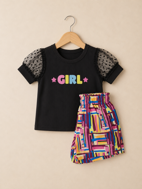 Girls Black Graphic Tee and Printed Shorts Set - Black