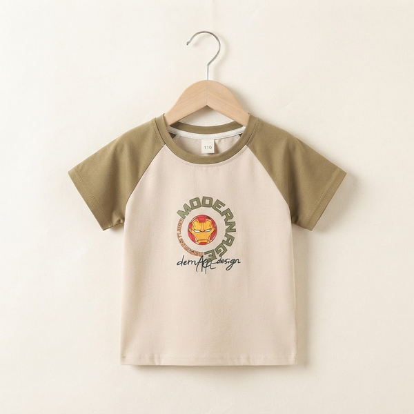 Cotton Crew Neck Play Tee with Bear Print - Olive-Green
