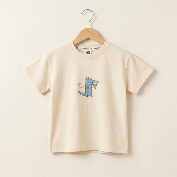 Cotton Crew Neck Play Tee with Bear Print - Beige