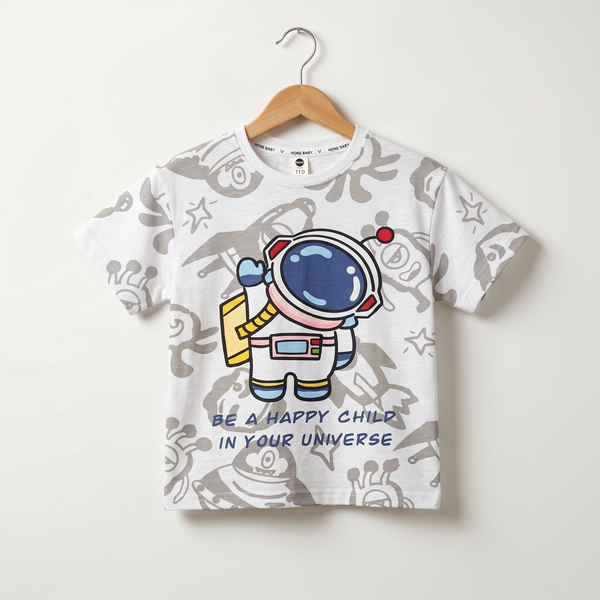 Cotton Crew Neck Play Tee with Bear Print - Dark blue
