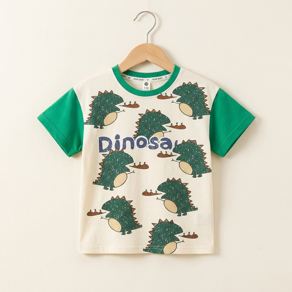 Cotton Crew Neck Play Tee with Bear Print - Green
