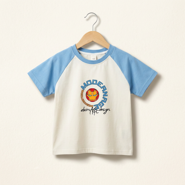 Cotton Crew Neck Play Tee with Bear Print - Light-Blue