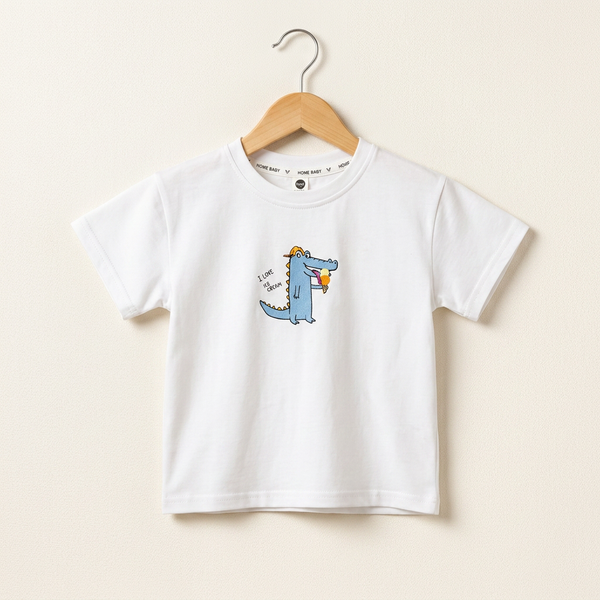 Cotton Crew Neck Play Tee with Bear Print - White