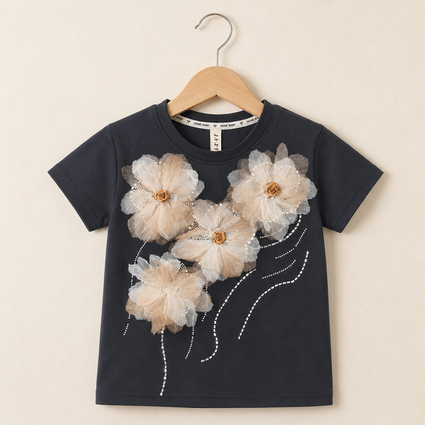 Floral Embellished Cotton Tee - Light Brown