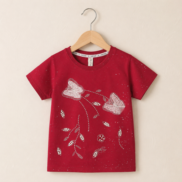 Floral Embellished Cotton Tee - Maroon