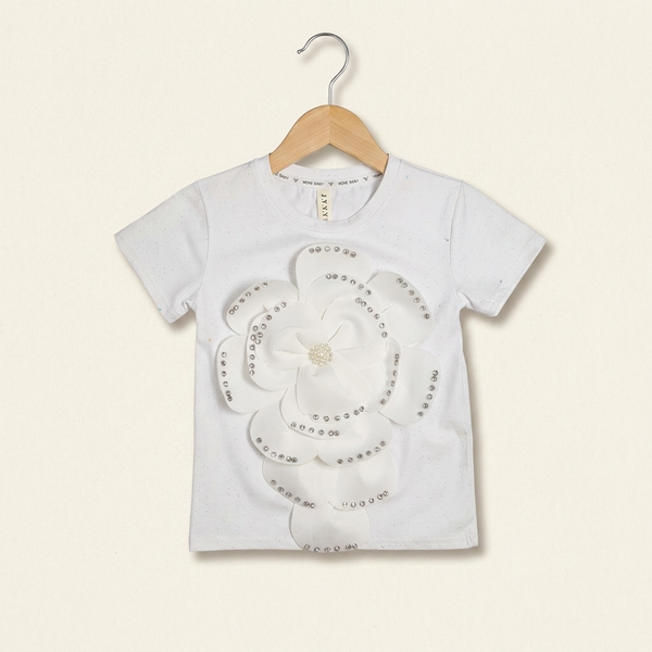 Floral Embellished Cotton Tee - Beige