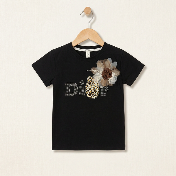 Floral Embellished Cotton Tee - Jet Black
