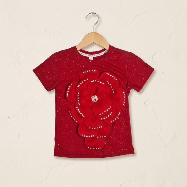 Floral Embellished Cotton Tee - Shocking Pink