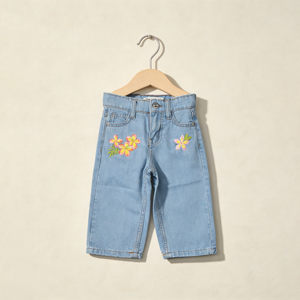 Girls Floral Denim Jeans - sky-blue