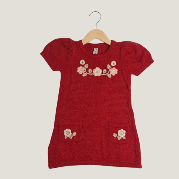 Girls' Embroidered Floral Cardigan & Sweater - Red