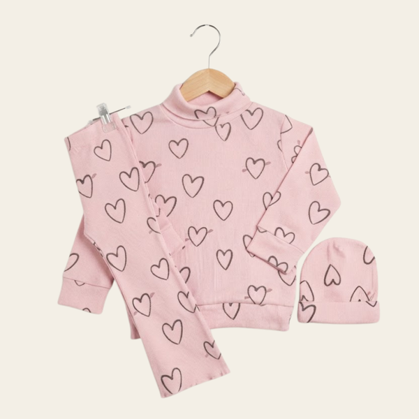 Pink High Neck & Fril Trouser "Hearts" Printed Ribbed Fabric Winter Suit - Pink