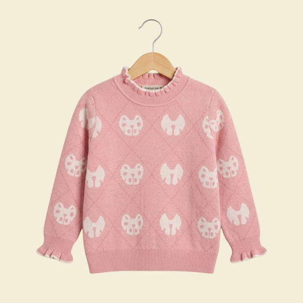 Girls' Heart-Pattern Ribbed Knit Sweater - peach