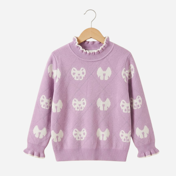 Girls' Heart-Pattern Ribbed Knit Sweater - Purple