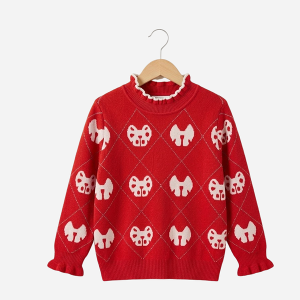 Girls' Heart-Pattern Ribbed Knit Sweater - Red